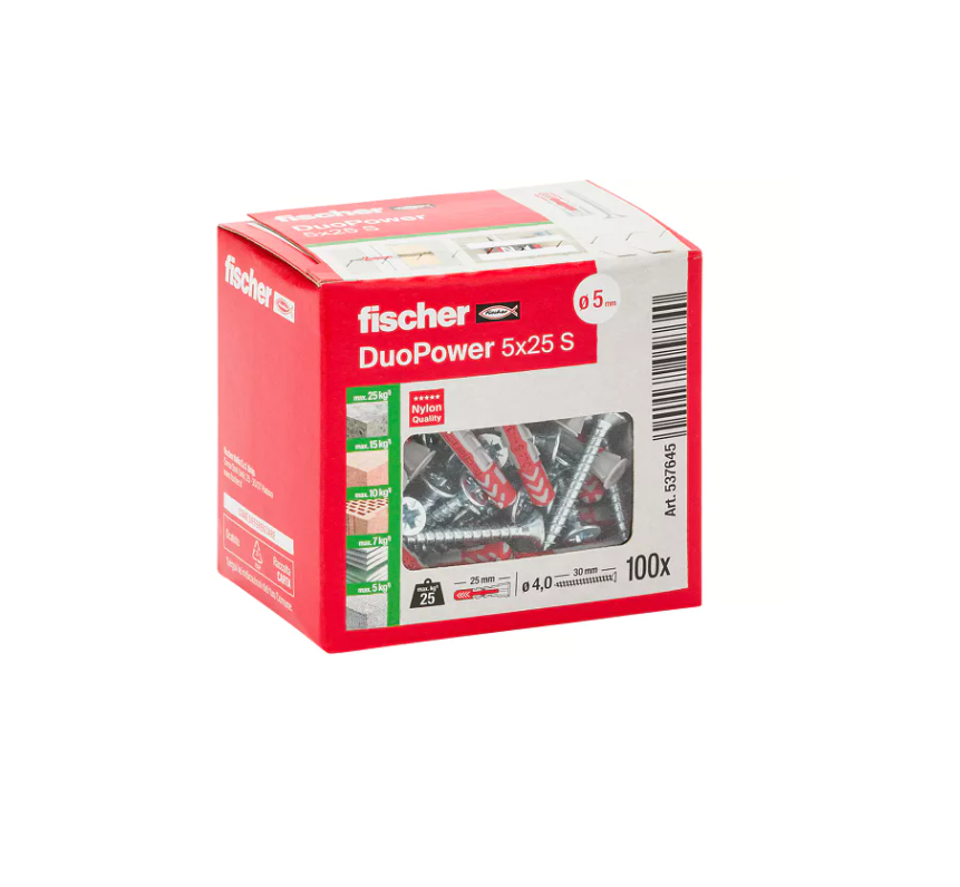 Tassello con vite DuoPower Fischer 5x25 S 100 pezzi