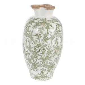 Vaso ceramica  bianco con fiori verdi h36cm d20cm art. a32390