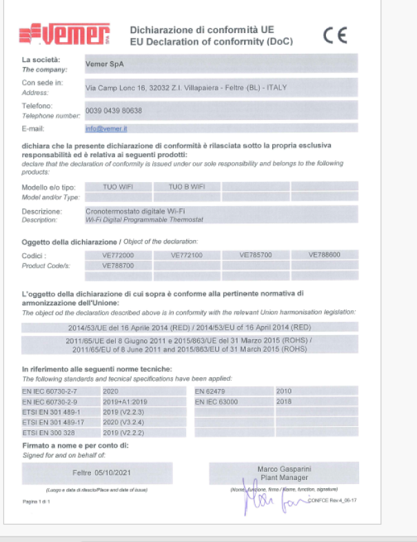 Cronotermostato digitale Vemer Ve772100 Tuo Wi-Fi Nero touch screen da parete retroilluminato