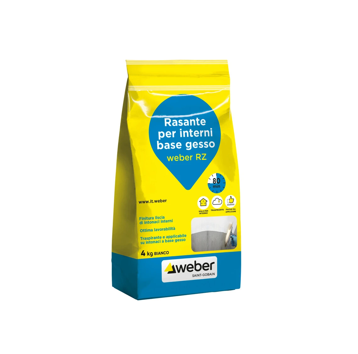 Rasante per interni liscio a base di gesso naturale Weber RZ bianco 4kg