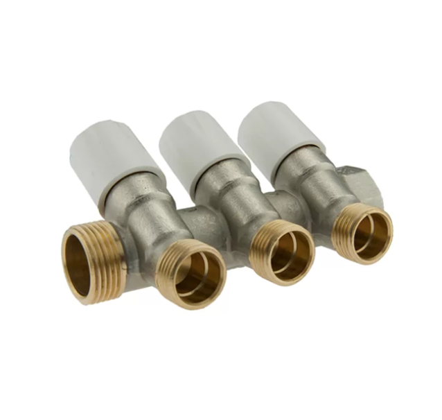 Collettore di distribuzione TDM con valvola di chiusura bianco 3/4 x 1/2 3 vie 
